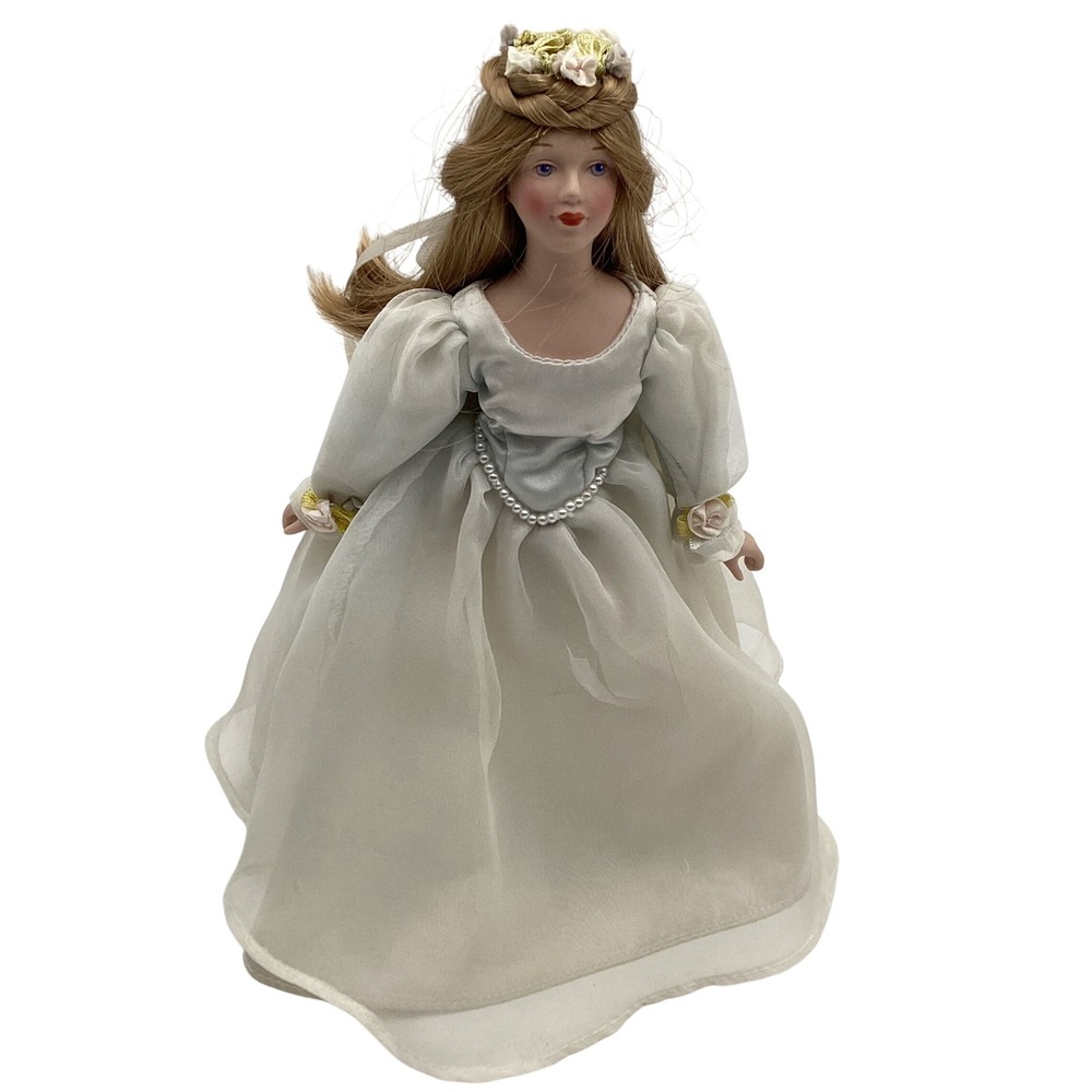 Vintage Porcelain Bride Doll White Organza Gown Floral Crown Blue Eyes 9inch